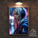 Cyber Girl with Headphones framed wall art print with wood-look frame