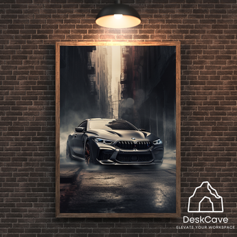 BMW M8 Coupe framed wall art print with wood-look frame