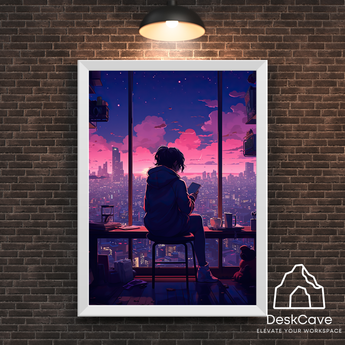 Anime City Girl framed wall art print with white frame