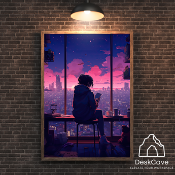Anime City Girl framed wall art print with black frame