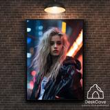 Cyber Blonde Girl framed wall art print with black frame