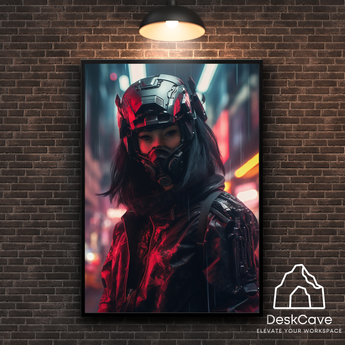 Cyber Asian Woman Warrior framed wall art print with black frame