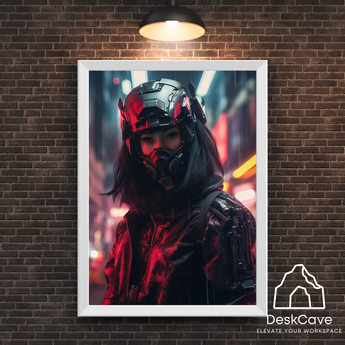 Cyber Asian Woman Warrior framed wall art print with white frame