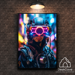 Cyber Man with Goggles framed wall art print with black frame