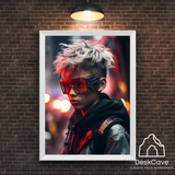 Cyber White Haired Boy framed wall art print with white frame