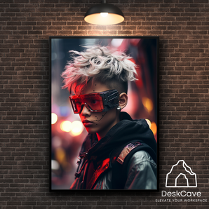 Cyber White Haired Boy framed wall art print with black frame