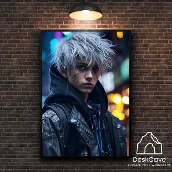 Cyber White Haired Guy framed wall art print with black frame