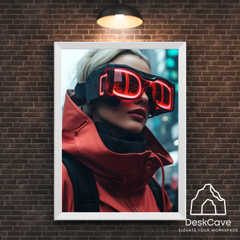 Cyber Red Coated Woman framed wall art print with white frame