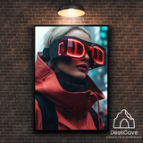 Cyber Red Coated Woman framed wall art print with black frame