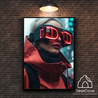 Cyber Red Coated Woman framed wall art print with black frame