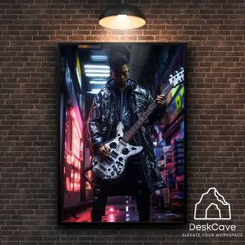 Cyber Man with Guitar framed wall art print with black frame