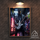 Cyber Man with Guitar framed wall art print with wood-look frame