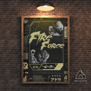 Fire Force framed wall art print with wood-look frame