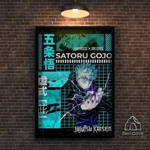 Satoru Gojo framed wall art print with black frame
