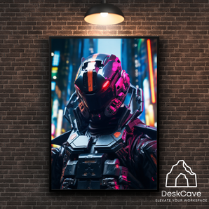Cyber Robot framed wall art print with wood-finish frame