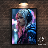 Cyber Girl with Headphones framed wall art print with black frame