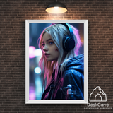 Cyber Girl with Headphones framed wall art print with white frame