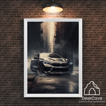 BMW M8 Coupe framed wall art print with white frame
