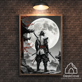 White Night Samurai framed wall art with wood-colour frame – DeskCave