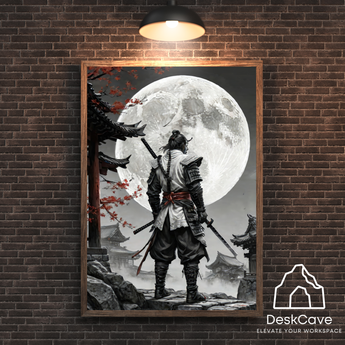 White Night Samurai framed wall art with wood-colour frame – DeskCave