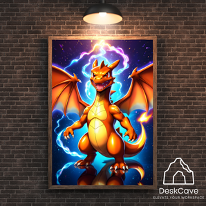Pokemon Charizard framed wall art with wood-colour frame – DeskCave