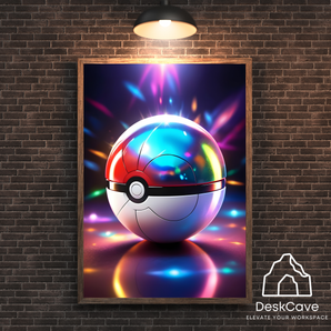 Pokeball framed wall art with wood-colour frame – DeskCave