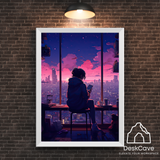 Anime City Girl framed wall art print with white frame