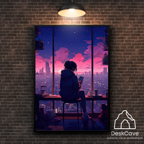 Anime City Girl framed wall art print with wood-finish frame