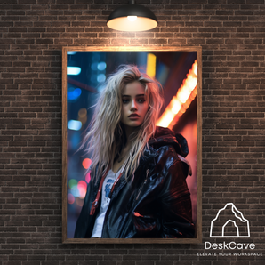 Cyber Blonde Girl framed wall art print with wood-finish frame
