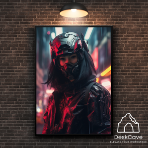 Cyber Asian Woman Warrior framed wall art print with black frame