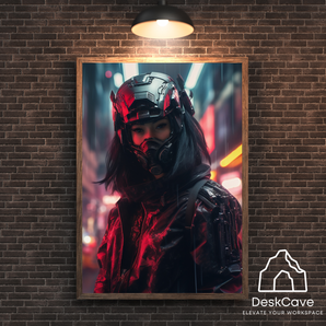 Cyber Asian Woman Warrior framed wall art print with wood-finish frame