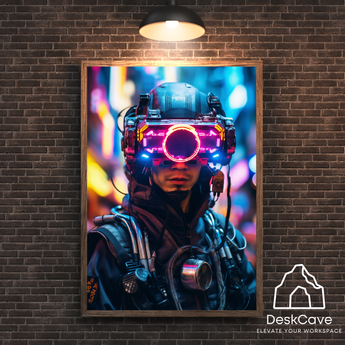 Cyber Man with Goggles framed wall art print with wood-finish frame