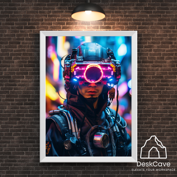 Cyber Man with Goggles framed wall art print with white frame