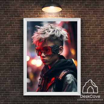 Cyber White Haired Boy framed wall art print with white frame