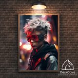 Cyber White Haired Boy framed wall art print with wood-finish frame