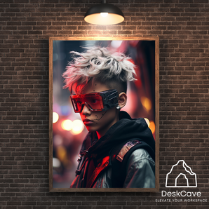 Cyber White Haired Boy framed wall art print with wood-finish frame