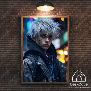 Cyber White Haired Guy framed wall art print with wood-look frame