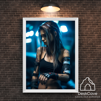Cyber Blue Girl framed wall art print with white frame
