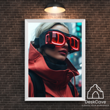 Cyber Red Coated Woman framed wall art print with white frame
