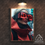 Cyber Red Coated Woman framed wall art print with wood-look frame