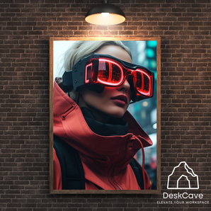 Cyber Red Coated Woman framed wall art print with wood-look frame