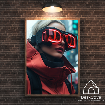 Cyber Red Coated Woman framed wall art print with wood-look frame